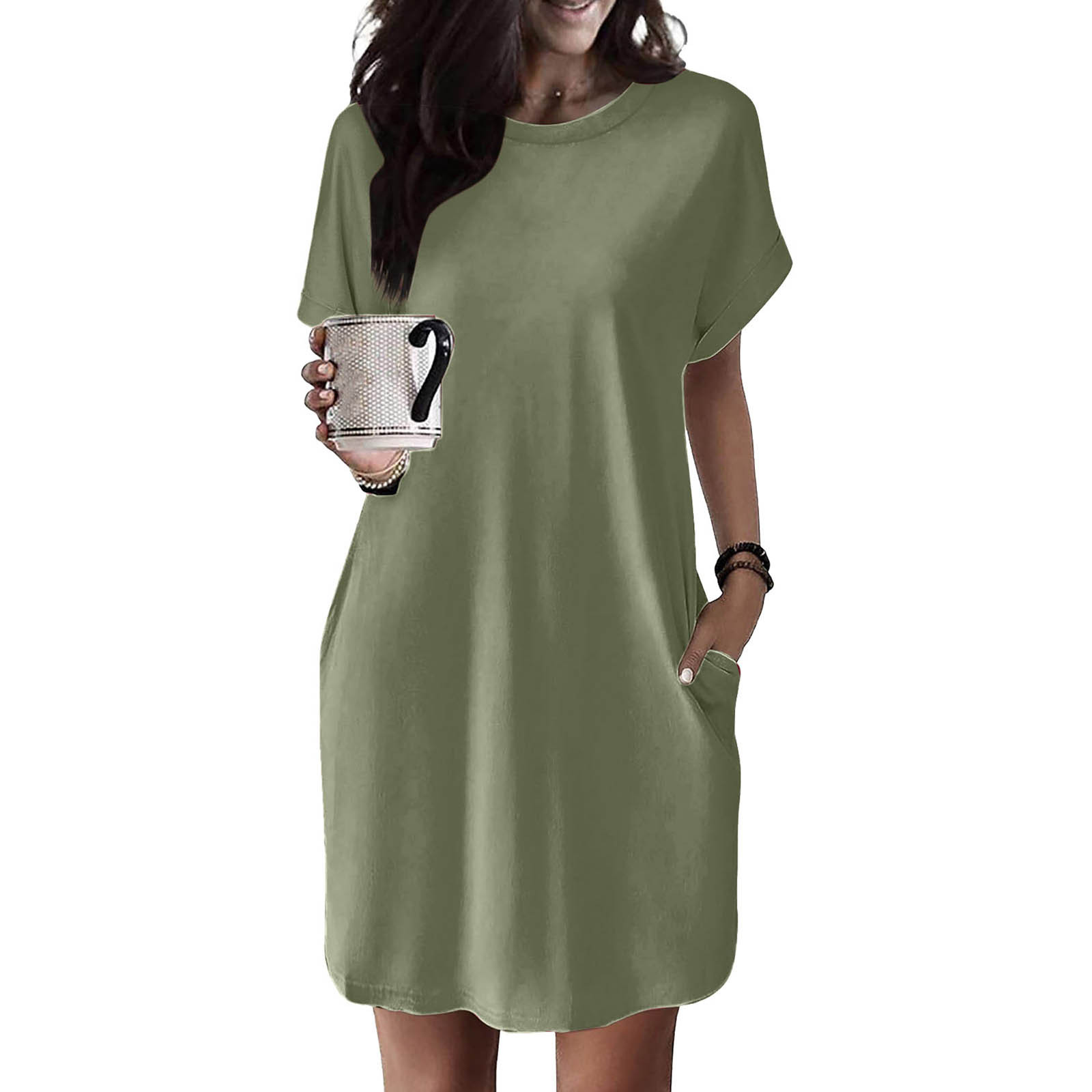 thumbnail image 2 of Vestido camiseta suave de manga corta holgado con bolsillos para mujer - Poliéster spandex, informal de verano - S-XXL, 2 of 7